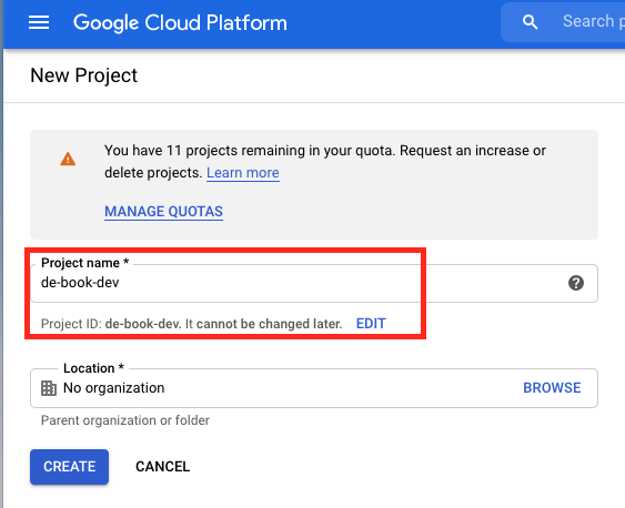 GCP Create Project Page